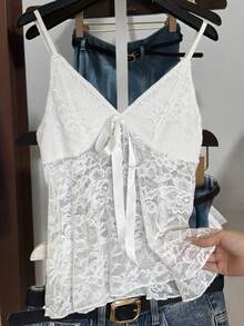 Lace Patchwork Knotted Solid Color Casual Camisole Top - White - View 3