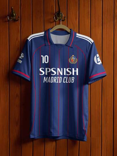 Aesthetic Post Retro American Red & Blue Striped Jersey T-Shirt, Oversized Loose Fit Polo Collar Tee, Streetwear Football Shirt, Men Short Sleeve Polo Shirt