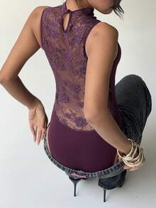 Aloruh 女士性感浪漫蕾丝拼接圆领修身连体衣 - 酒紅色 - 查看 3