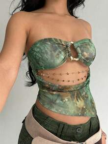 Aloruh Áo croptop gợi cảm phong cách Y2K với cổ khoét sâu đính hạt, trang trí kim loại, họa tiết da báo, chất liệu vải lưới, màu xanh lá cây, thích hợp cho các bữa tiệc, lễ hội âm nhạc, Ngày Thánh Patrick. - màu xanh lá - Xem 2