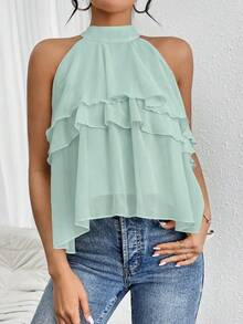 Firerie Loose Neck Ruffle Asymmetrical Chiffon Blouse - Green - View 5