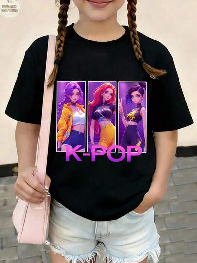 Young Girl Black Round Neck Short Sleeve Graphic Tee, Casual Comfortable Fashion Minimalist Versatile Cartoon Creative Funny Celebrity Anime Kpop Girl Letter Print Graphic Tee