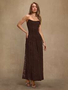 SHEIN BAE 黑色蕾丝无袖V领开衩褶皱连衣裙，适合鸡尾酒会、浪漫约会、秋冬叠穿、派对、正式聚会、夜店、万圣节、圣诞节等场合。 - 咖啡棕 - 查看 5