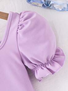 SHEIN 女童纯色翻领泡泡袖连体裤 - 淡紫色 - 查看 5