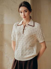 Anewsta Elegant French Spring/Summer -Inspired Textured Business Casual 3D Crochet Hollow Gold Button Ivory Knit Top - Beige - View 5