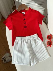 SHEIN Conjunto de 2 piezas de camisa polo de cuello rojo y pantalones cortos a rayas blancas de verano casual para bebé niño, adecuado para fiesta de cumpleaños, rave, fiesta de noche, actuación, boda, baby shower y celebración del 1er cumpleaños - Multicolor - Ver 4