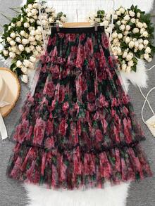 Franclia 大码女装新款夏季复古喇叭裙，蕾丝优雅A字裙，飘逸裙，休闲度假裙 - 玫瑰紅 - 查看 2