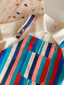 SHEIN 2pcs/Set Newborn Baby Unisex Casual Cute Striped Strap Romper 2-Piece Outfit, Summer - Multicolor - View 7