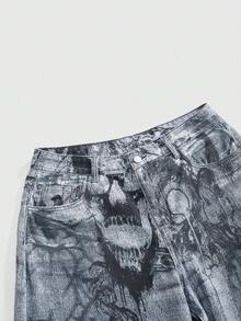 ROMWE Grunge Punk Jeans anchos y sueltos con estampado de cadena de calavera y esqueleto de estilo gótico oscuro - Azul - Ver 3