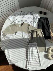 SHEIN 6件套男童可爱休闲假日沙滩恐龙条纹印花T恤短裤套装，适合春夏季节、日常穿着、运动、郊游、上学、聚会、节日、拍照等场合。 - 彩色 - 查看 5