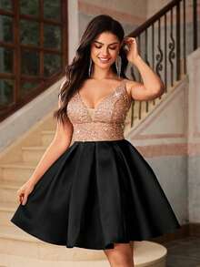 Lovelzi Elegant Luxurious Navy Blue V-Neck Sequin Patchwork Satin Maxi Dress With Oversized A-Line Silhouette, Suitable For Weddings, Parties, Graduations, Galas - Black - View 7