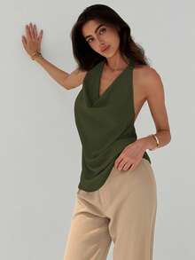 Aloruh Minimalist Commuter Halter Chic Plunging Neckline Bodycon Cami Top For Women - Army Green - View 3