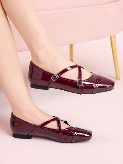 CUCCOO DOLLMOD Women's Burgundy Patent Leather Criss-Cross Strap Mary Jane Flat Shoes, Elegant & Versatile For Work And Casual Wear Valentine's Day