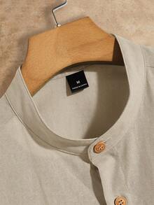 HIMLAND 简约素雅短袖衬衫，夏季时尚杏色男士衬衫，男士短袖纽扣亚麻男装，棕褐色纽扣衬衫，米色纽扣男装 - 卡其色 - 查看 3