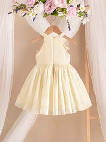 女婴优雅可爱公主裙，杏色花卉欧根纱无袖连衣裙 - 杏色 - 查看 4