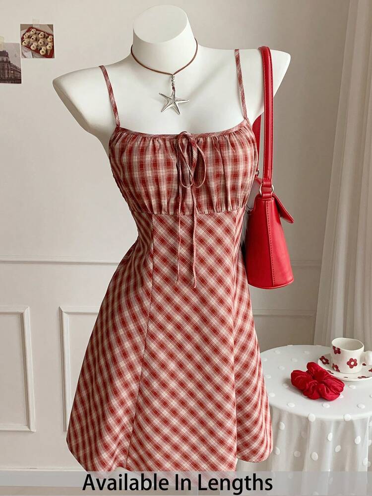 SHEIN Tall CURVE 大码女式夏季休闲格子印花连衣裙 - 紅色 - 查看 5