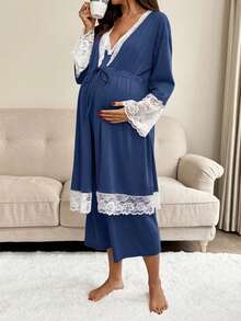 SHEIN 2pcs/Set Maternity Lace Trim Robe And Slip Dress Nursing Outfit - Navy Blue - View 4