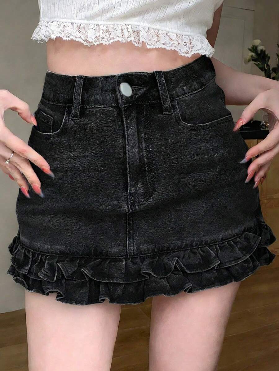 FRIFUL Women's Casual Washed Denim Ruffle Hem Mini Skirt - Black - View 1