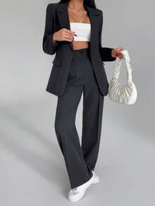 EURMUSE Women Solid Color Two Pieces Outfits Sets Blazer Jacket And Pants - Grey - View 5