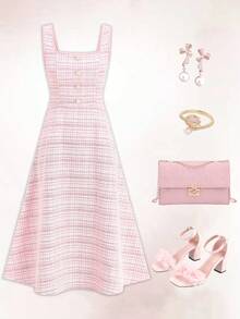 Ellevyn Women's Plaid Square Collar Button Design Sleeveless Elegant Mid-Length Dress - Multicolor - View 7