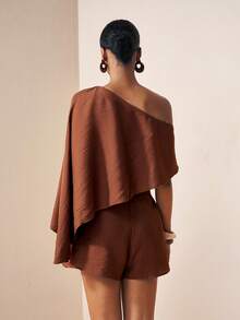 Zivah 2026春夏新款音乐节、复活节、圣帕特里克节、情人节、约会、西部风、游牧风、生日派对、毕业典礼、大学、学生、日常休闲、百搭基础款、休闲、度假、邮轮旅行、海滩、日光浴、热门款、街头风、婚礼宾客波西米亚风、通勤、早午餐、机场、派对、假日郊游、办公装、不对称肩部飘逸连体裤、亚麻棕色连体裤 - 棕色 - 查看 3