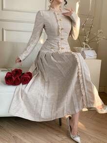 DAZY Elegant Women's Mid-Length Dress With High Collar And Ruffle Hem Waist Decor Wedding Guest Dress - Apricot - View 6