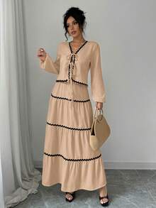 Rafferiza 2件套 法式优雅灯笼袖荷叶边蝴蝶结上衣和裙子 - 卡其色 - 查看 3