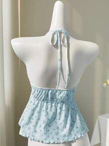 Elamini 黄色碎花镂空V领性感露背吊带背心，甜美迷人，春夏款 - 淺藍色 - 查看 2