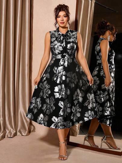 Cravure Plus Size Women Floral Jacquard Tie Neck Sleeveless Elegant Dress