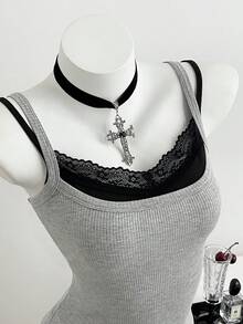 Elamini 女士休闲蕾丝边无袖吊带背心，仿二合一设计，灰色，春夏搭扣上衣，适合摇滚音乐会、女式音乐会、时尚游乐园等场合。 - 灰色 - 查看 1