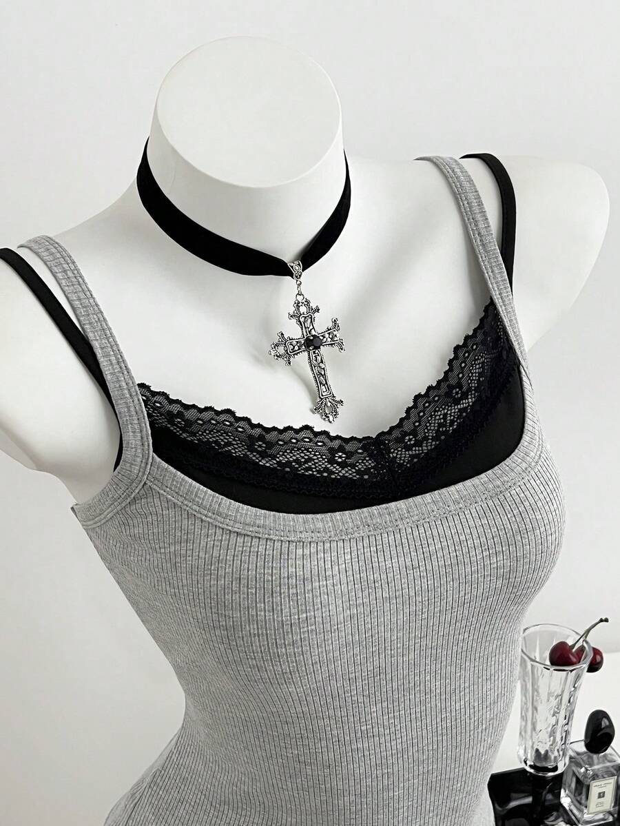 Elamini 女士休闲蕾丝边无袖吊带背心，仿二合一设计，灰色，春夏搭扣上衣，适合摇滚音乐会、女式音乐会、时尚游乐园等场合。 - 灰色 - 查看 1