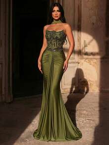 Glamrae Đầm dạ hội dáng đuôi cá gợi cảm, thanh lịch, sang trọng, cao cấp, đa năng, đính ngọc trai và sequin thêu hoa, chất liệu co giãn, xếp ly, có dây đeo vai rời, phù hợp cho đám cưới, sự kiện, tiệc tùng, kỳ nghỉ, dạ hội và các dịp trang trọng. Màu xanh lá cây. - màu xanh lá - Xem 4