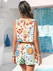 Vivid Eden Bộ đồ 2 mảnh gồm áo không tay và quần short buộc dây bên hông dành cho nữ, họa tiết in nghệ thuật, trang phục đi biển thường ngày. - Nhiều màu - Xem 2