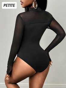 SHEIN PETITE 女士性感网纱拼接长袖连体衣 - 黑色 - 查看 2