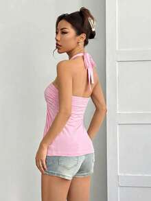 SHEIN EZwear Áo hai dây hở lưng màu hồng dáng rộng dành cho nữ, thích hợp cho mùa xuân/hè. - Hồng - Xem 2