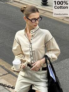 Siren Gaze 女式撞色镶边长袖衬衫，立领棉质上衣，秋季 - 杏色 - 查看 6