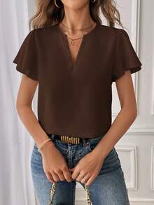 SHEIN Essnce 女士休闲通勤夏季纯色荷叶袖钥匙孔领衬衫 - 咖啡棕 - 查看 6