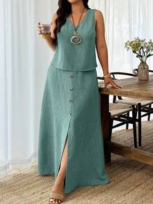 Weeklong Conjunto de dos piezas talla grande en color fucsia - Top sin mangas con cuello en V y detalle de botones y falda maxi, de moda para uso diario, ir a la oficina, primavera y verano - Verde - Ver 1