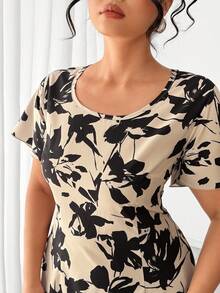 Elenzga Plus Size Women's Elegant Floral Print V-Neck Long Sleeve Waist Cinched A-Line Dress, Early Spring - Apricot - View 3