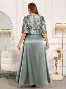 Ellevyn 大码女士优雅拼接刺绣网纱腰部裹身褶皱连衣裙 - 薄荷綠 - 查看 2