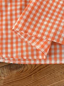 Rusticease Áo kiểu nữ cỡ lớn mùa hè dáng rộng, họa tiết kẻ caro, cổ cao, bèo nhún, tay bồng/ Áo đi nghỉ hè, phong cách đồng quê mùa xuân cho nữ. - trái cam - Xem 8