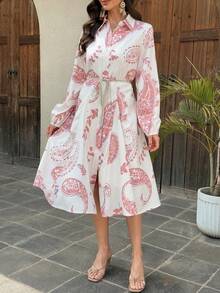 Vivie Lora Women's Patterned Allover Print Collared Waist-Cinched Mid-Length Dress Sundress Vacation - Baby Pink - View 3