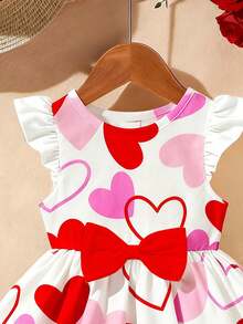 1 chiếc đầm cho bé gái 6 tháng - 2-3 tuổi, họa tiết trái tim và nơ lớn, tay bồng, chất liệu nhẹ, kiểu công chúa dễ thương, thích hợp cho ngày Valentine/mặc hàng ngày, mùa hè. - Nhiều màu - Xem 5
