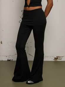 COUREZ 侧边系带喇叭裤 / Y2K 春季女装可爱性感黑色长裤外出派对狂欢夏季长裤 - 棕色 - 查看 7