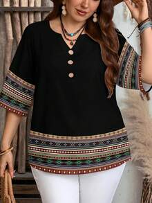 EMERY ROSE Camisa holgada de talla grande con estampado geométrico de estilo bohemio, adecuada para primavera y otoño - Multicolor - Ver 4