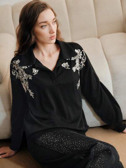 Anewsta Women's Elegant Versatile Autumn Sweatshirt With Beaded Embroidery, Black Long Sleeve Pullover