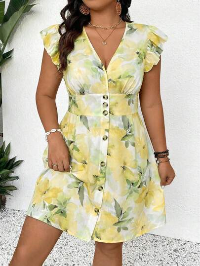 SHEIN Frenchy Plus Size Casual Blue Batwing Sleeve V-Neck Tied Waist A-Line Short Dress Summer Women Dresses Yellow Floral Dress Women Vacation Dress Short Sleeve Summer Dress Classy Summer Dress Spring/Summer Casual Vacation Holiday Dress Women Graduation Dress For Women Party Dress For Women  Wedding Guest Dress For Women Flower Dresss For Women