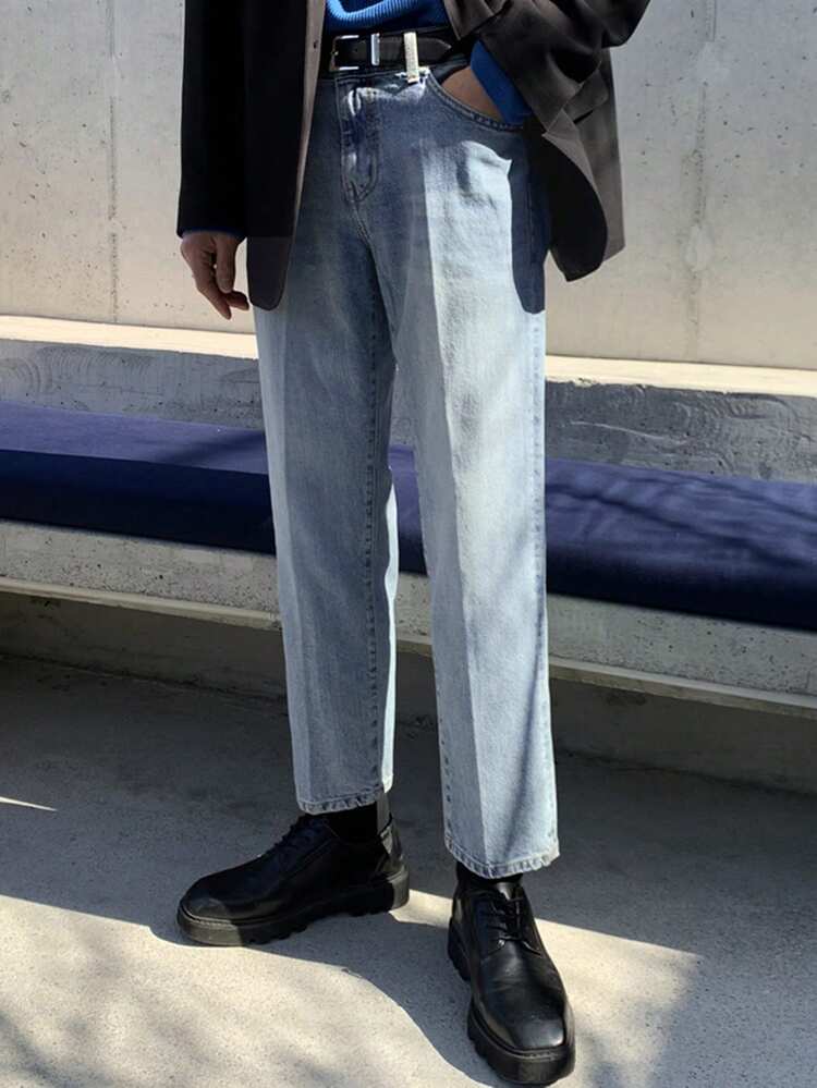 Men's Distressed Washed Blue Slim Fit Lightweight Denim Jeans, Spring/Summer