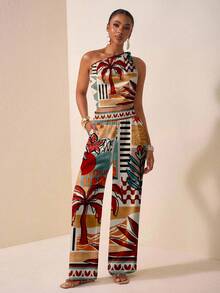 Zivah 春夏新款生日派对返校学生日常街头百搭休闲度假单肩扭结印花上衣搭配直筒宽松裤，荷叶边设计，带真口袋夏季女式两件套印花套装女式两件套夏季嘉年华服装 - 彩色 - 查看 6