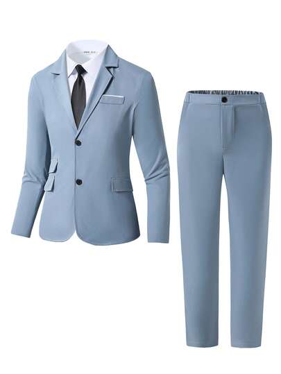 SHEIN 2pcs Blue Suit Set: Long Sleeve Jacket + Trousers, Casual Minimalist Style Suitable For Daily Wear, Teens & Young Boy, Appropriate For Piano/Violin Recital,  ,  , Birthday Party, Evening Events, Performance, Reception,   Season, Spring Gift, Valentine's Day Boy's Party SuitWedding,Prom,Graduation